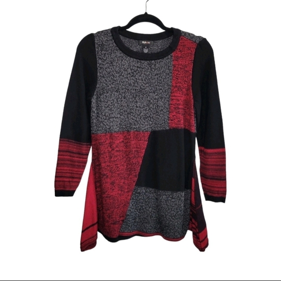 Style & Co. Tops - Style & Co Women's Knit Boho Patchwork A-Line Tunic Top Size M Red Black Silver